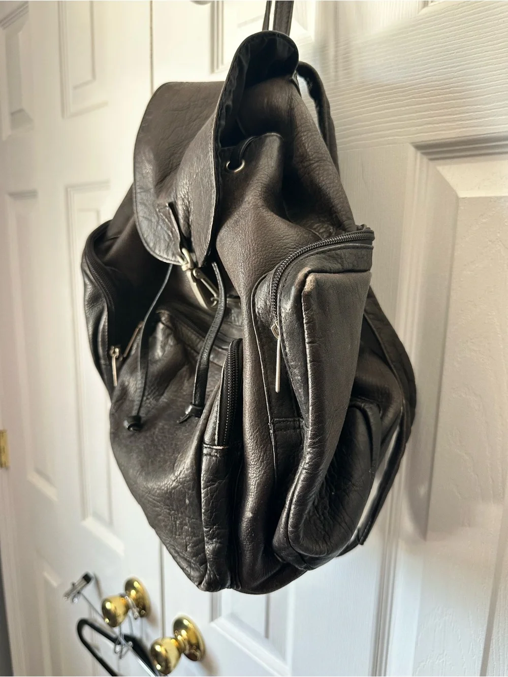Vintage 90s Genuine Leather Distressed Black Backpack, Knapsack